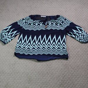 Jolt Size L Aqua Navy Blue Chevron 3/4 Balloon Sleeve Blouse
